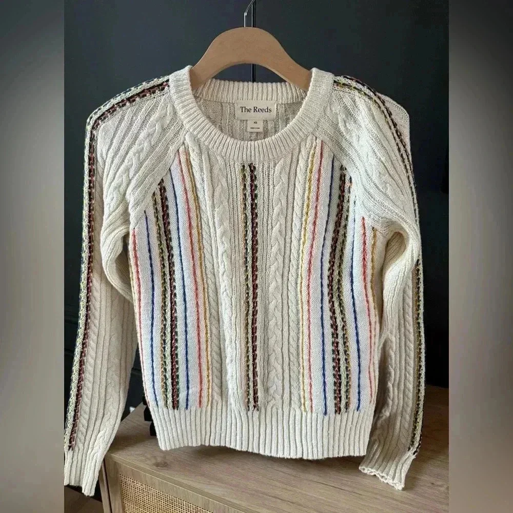 NWOT JCREW x The Reeds Cable knit crew sweater with retro stripe stitch XSmall - Picture 1 of 4